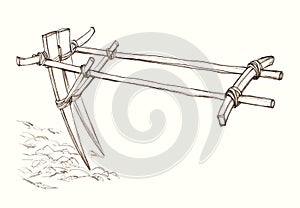 Pencil drawing. Vintage wooden plow