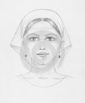 Pencil drawing of young woman, scan