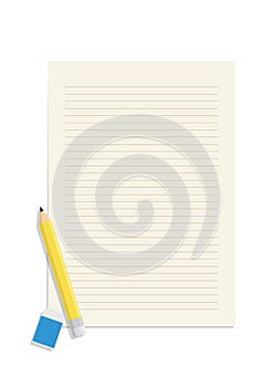 Pencil and eraser on a blank lined paper vector.