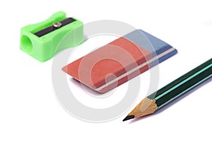 Pencil, eraser and pencil sharpener