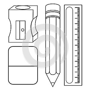 Pencil, eraser, ruler and sharpener coloring page