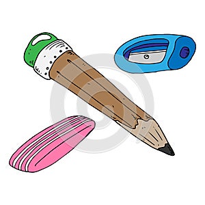 Pencil with eraser and sharpener icon. Vector illustration of a pencil and sharpener.