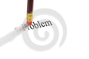 Pencil eraser trying to remove the word `problem` on paper. Concept.