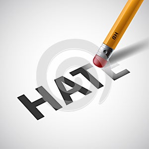 Pencil erases the word hate on paper. Stock .