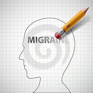 Pencil erases the word migraine in the human head. Stock photo