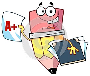 Pencil guy holding an a plus report card