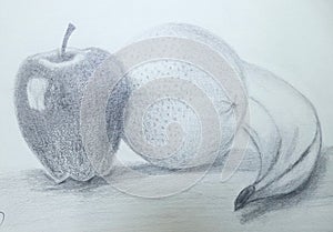Pencil hand drawing - apple, orange, banana
