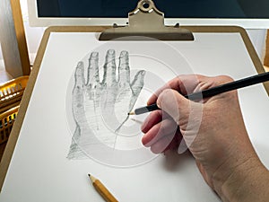 Pencil hand draws hand on paper. There is a monitor behind the drawing tablet. Concept of online education