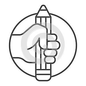Pencil in hand thin line icon, art concept, large pencil in hand sign on white background, hand holds pencil icon in
