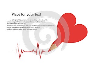 A pencil from the heart draws a cardiogram on an isolated light background. Vector with space for text.