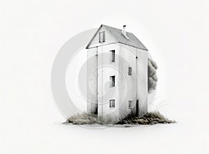 A pencil house. a small three-story house with tall grass growing around it. Minimalistic design. On neutral white background.