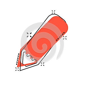 Pencil icon in comic style. Pen cartoon vector illustration on white isolated background. Drawing splash effect business concept