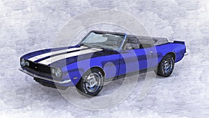 Pencil illustration of a blue 1967 Chevrolet Camaro Z28 Convertible  view A