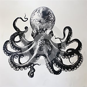 Pencil illustration of an octopus on white paper, Generative AI