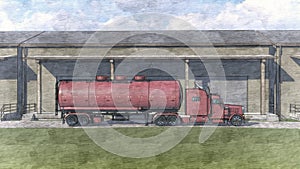 Pencil illustration of the profile of a red milk tanker truck parked on a road
