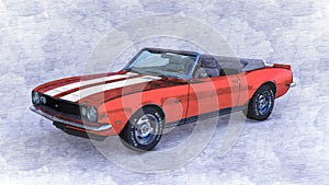 Pencil illustration of a red 1967 Chevrolet Camaro Z28 Convertible  view A