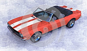 Pencil illustration of a red 1967 Chevrolet Camaro Z28 Convertible view B