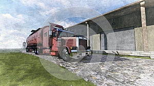 Pencil illustration of a red milk tanker truck parked on a road