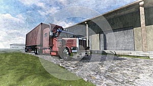 Pencil illustration of a red truck parked on a road in a industrial small town