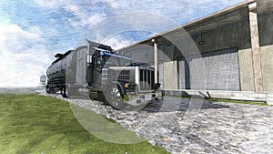 Pencil illustration of a truck traveling on a road with industrial building in the background