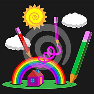 Pencil illustrations house rainbow sun clouds on a black isolated background. Vector image