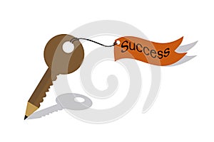 Pencil key and flag of success concept
