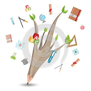 Pencil Leaf Tree Education School Vector