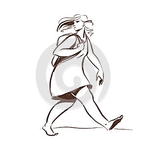 Pencil line illustration. Plump woman in dress with backpack walks