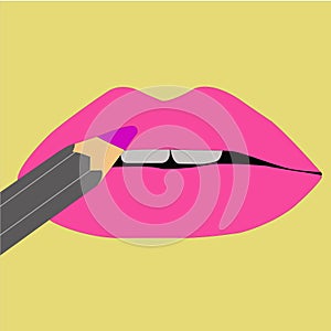 Pencil lipstick paints beautiful pink lips