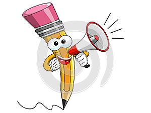 Pencil Mascot cartoon speaking megaphone isolated