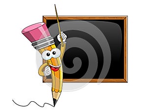 Pencil Mascot cartoon stick teaching blank blackboard isolated