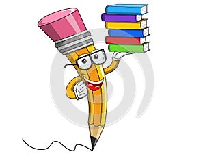 Pencil Mascot cartoon wearing reading glasses pile books isolate