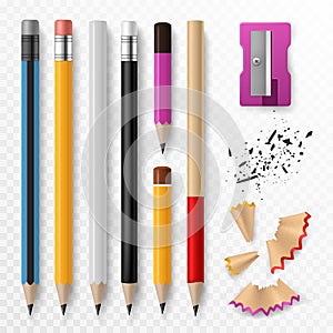 Pencil mockup. Realistic colored wooden graphite pencils with shavings and sharpener, school office stationery, creative