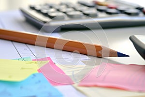 pencil and paper on a desk with sticky notes and a calculator beside