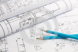 Pencil on printed drawings of electrical circuits