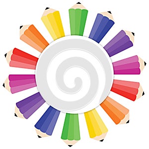 Pencil rainbow pattern. Round frame with colored pencils. Colorful school background. Template border vector
