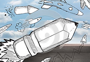 Pencil rocket over balcony and sky