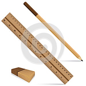 Pencil ruler and eraser on a wooden design. Ruler and pencil with eraser for wooden texture isolated on white background.