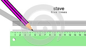 A pencil and ruler, making the five lines of the stave. Illustration, reenactment of musical writing creation.