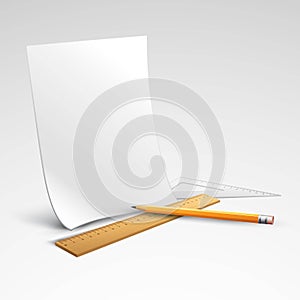 Pencil, ruler and a piece of paper. Vector