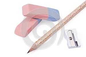 Pencil, sharpener and eraser