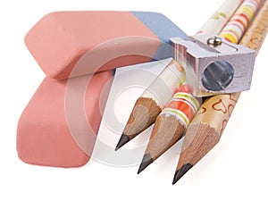 Pencil, sharpener and eraser