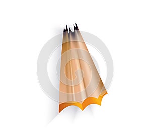 Pencil shavings with graphite rod. Color cartoon icon for web design. Realistic design of isolated item on white
