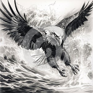 Pencil sketch angry eagles deep sea flying image Generative AI photo