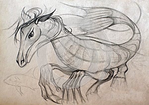 A pencil sketch of fantasy creature hyppocampus, pen on paper