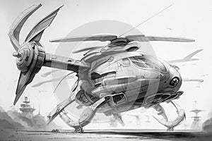 pencil sketch of futuristic helicopter with sleek design, rocket boosters and rotor blades