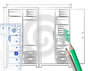 Pencil sketch of an open wardrobe