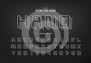 Pencil sketch shadow cartoon font and alphabet vector, Chalk square typeface letter and number design