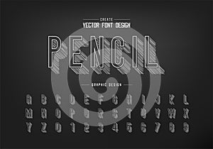 Pencil sketch shadow font and alphabet vector, Chalk letter typeface and number design