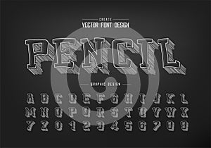 Pencil sketch shadow font and cartoon alphabet vector, Chalk typeface and number design